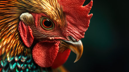 Close-up of a colorful rooster's plumage showing detailed patterns of red, green, and gold feathers under soft morning lightの素材