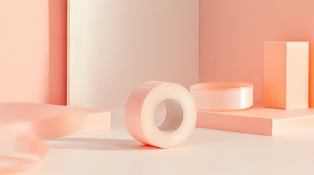 Bright workspace setting with a roll of tape on a light background and subtle office items nearbyの素材