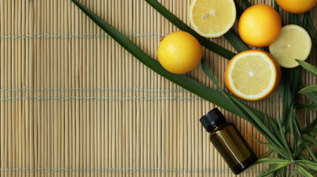 Essential oil bottle resting on a bamboo mat with lemongrass and citrus for a fresh, natural vibeの素材