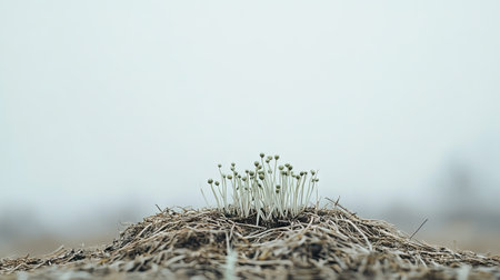 Close-up of soybean sprouts in a small pile against a light gray background, highlighting freshness and detailの素材