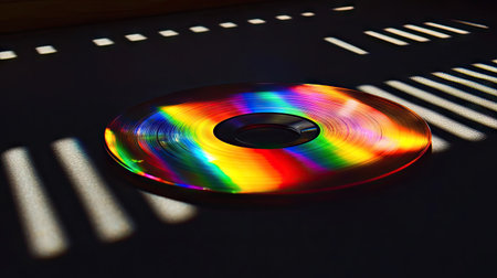 Bright lighting creating dramatic rainbow effects across the surface of a single CD on blackの素材