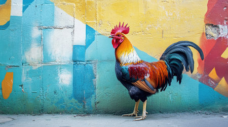 A striking rooster standing in front of a vividly painted mural wall, blending natural and urban artistryの素材