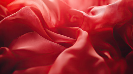 Close-up of luxurious red silk tablecloth with smooth folds and elegant shine under soft lightingの素材
