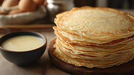 A stack of pancakes with a bowl of condensed milk beside them, ready to be drizzled, on a breakfast tableの素材