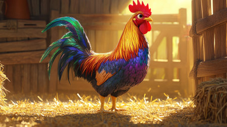 A vibrant rooster with iridescent feathers standing proudly in a sunlit farmyard, surrounded by straw and rustic wooden fencesの素材