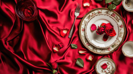 Flat lay of red silk tablecloth with scattered rose petals and romantic dinnerware elementsの素材