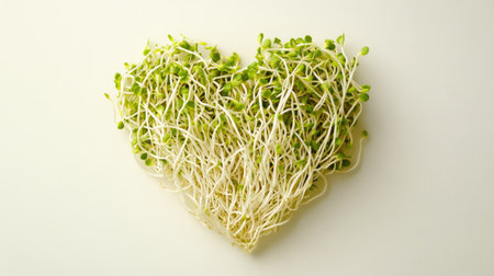 Composition of soybean sprouts shaped into a heart on a light neutral background to convey health and wellnessの素材