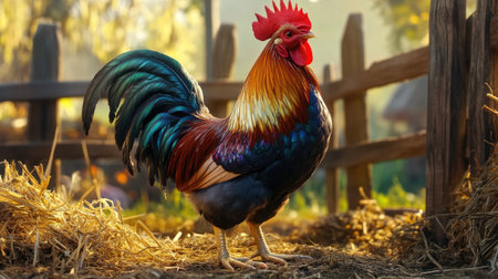 A vibrant rooster with iridescent feathers standing proudly in a sunlit farmyard, surrounded by straw and rustic wooden fencesの素材