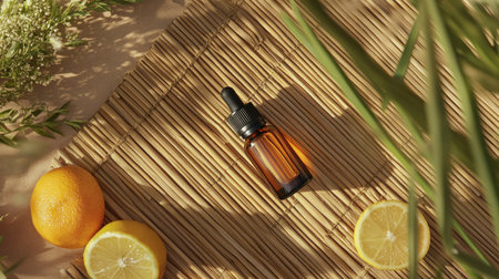 Essential oil bottle resting on a bamboo mat with lemongrass and citrus for a fresh, natural vibeの素材