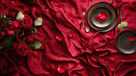Flat lay of red silk tablecloth with scattered rose petals and romantic dinnerware elementsの素材