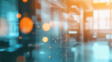 Cloud network overlay on a blurred office background with data flow animations and iconsの素材