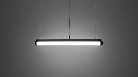 Minimalist photo of a single fluorescent light bulb hanging in the center on a gray backgroundの素材