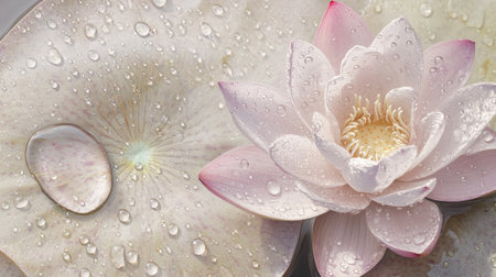 Close-up of a delicate pale pink lotus flower next to a round lily pad, with dew drops glistening on their surfacesの素材