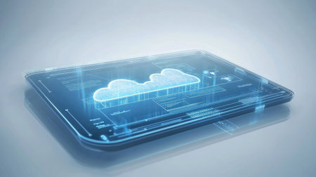 Modern cloud computing interface on a transparent touchscreen with blue data streamsの素材
