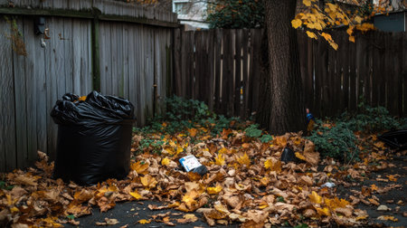 Backyard scene with an open trash can and black trash bag partially filled, surrounded by fallen leavesの素材