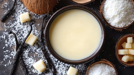 Condensed milk in a bowl surrounded by ingredients like sweetened coconut, sugar, and vanilla podsの素材