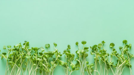 Isolated soybean sprouts arranged neatly on a pastel green background for a clean, modern organic food conceptの素材