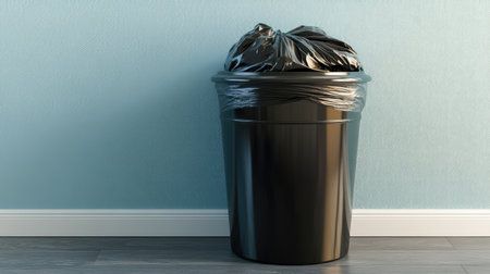 Household trash can in a corner, lid lifted, revealing clean black plastic bag ready for useの素材