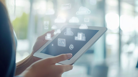 Hand holding a tablet with holographic cloud interface showing files, settings, and security iconsの素材