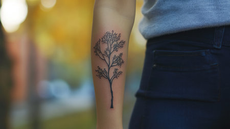 Minimal tree line tattoo wrapped around the forearm, shown against a clean outdoor or urban backdropの素材