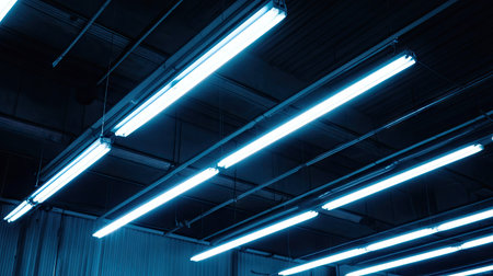 Neon-white fluorescent lights suspended from a high ceiling in a dimly lit warehouseの素材