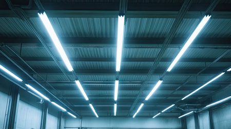 Neon-white fluorescent lights suspended from a high ceiling in a dimly lit warehouseの素材