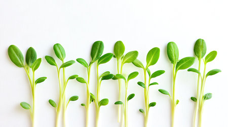 Fresh soybean sprouts isolated on a clean white background, showcasing their crisp texture and pale green tipsの素材
