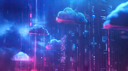 Cloud computing concept with icons for data storage, upload, and security floating in blue tech spaceの素材