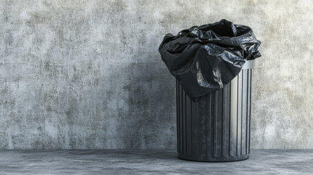 Open-top garbage can lined with a black trash bag, set against a neutral concrete wall backgroundの素材