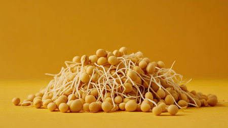 Pile of soybean sprouts with visible roots and yellowish beans isolated on a warm-toned backgroundの素材