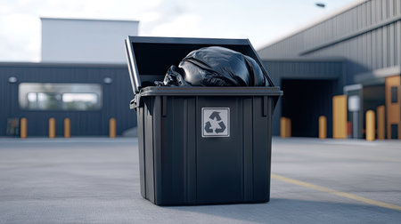 Large industrial trash bin with open lid and full black garbage bag, placed near a loading dockの素材