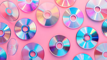 Flat lay of multiple CDs with vivid iridescent reflections spread across a pastel backgroundの素材
