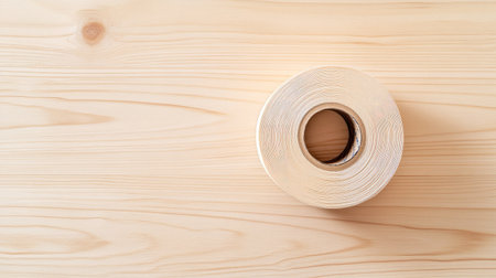 Minimalist flat lay of a roll of double-sided tape on a light wooden backgroundの素材