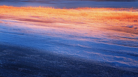 Frost-covered ground with a dusting of snow and natural surface variations reflecting morning lightの素材