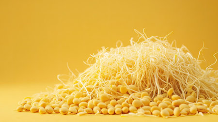 Pile of soybean sprouts with visible roots and yellowish beans isolated on a warm-toned backgroundの素材