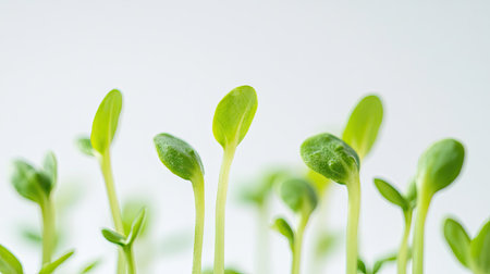 Fresh soybean sprouts isolated on a clean white background, showcasing their crisp texture and pale green tipsの素材