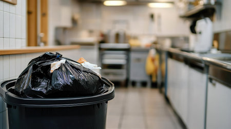 Open garbage can with black trash bag and visible contents, placed in a commercial kitchen environmentの素材