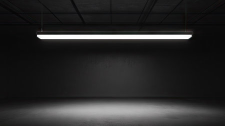Hanging fluorescent bulbs in a dark room, creating contrast and dramatic shadows on the backgroundの素材
