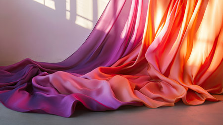 Layered synthetic silk fabric creating depth, shadows, and fluid motion in a minimal backdropの素材