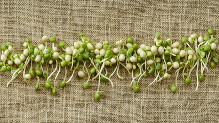 Healthy, organic soybean sprouts displayed in a symmetrical pattern over a natural burlap texture backgroundの素材