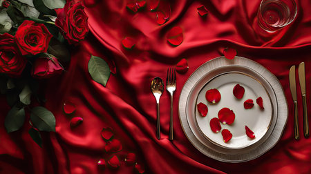 Flat lay of red silk tablecloth with scattered rose petals and romantic dinnerware elementsの素材