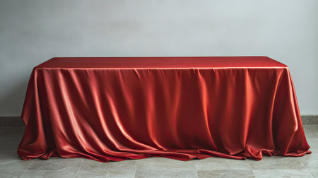 Empty table covered in luxurious red silk fabric with gently cascading folds at the cornersの素材