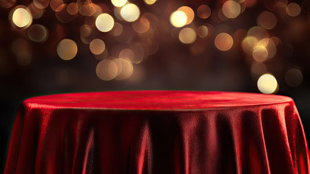 Festive background with a red silk tablecloth, perfect for holiday promotions or elegant brandingの素材