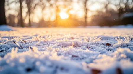 Frost-covered ground with a dusting of snow and natural surface variations reflecting morning lightの素材