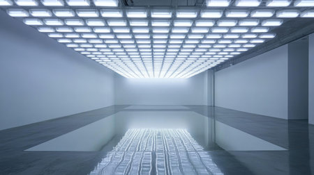 High-tech setup with fluorescent bulbs forming a grid above a sleek reflective floorの素材
