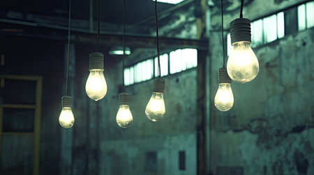 Industrial scene with old fluorescent bulbs hanging from the ceiling and flickering slightlyの素材