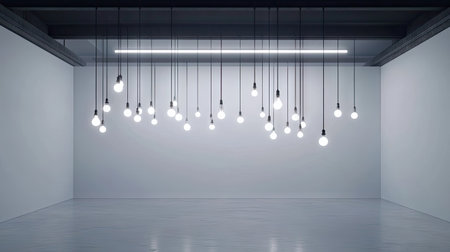 Fluorescent bulbs hanging loosely from wires in a modern studio with white seamless backgroundの素材