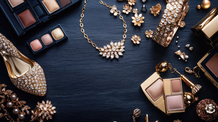 Chic accessories including statement jewelry and high heels surrounded by cosmetics on dark surfaceの素材