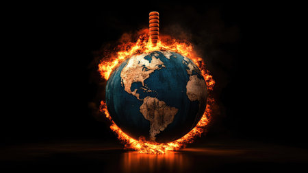 Planet Earth depicted as a flaming bomb with a burning fuse, ready to explode in a metaphor for environmental disasterの素材
