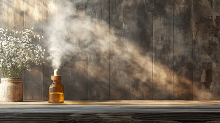 Minimalist scene with a single essential oil bottle and subtle steam rising, on a wooden backgroundの素材